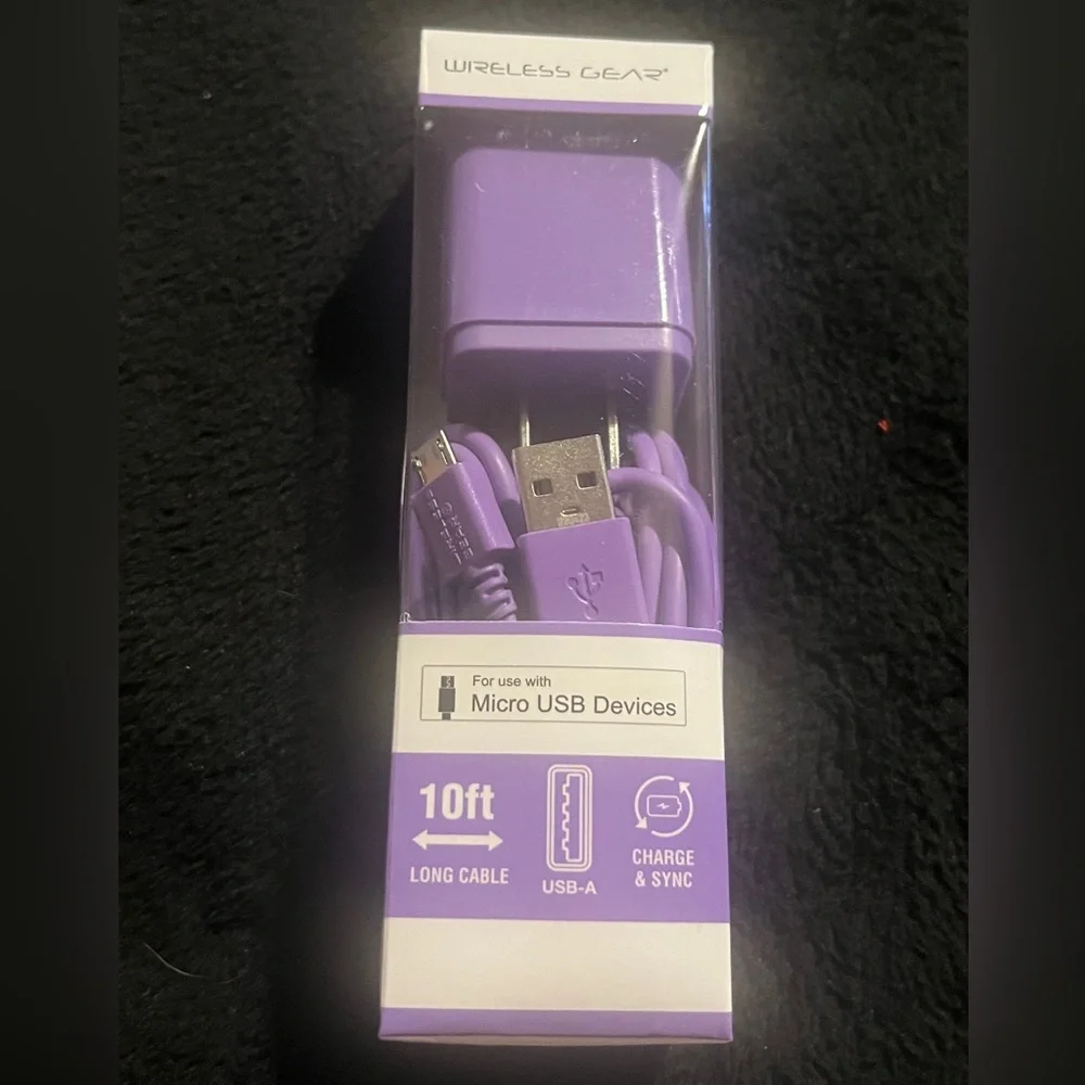 Wireless Gear Micro USB Devices ( 10’ Cable and Wall Charger) Purp New